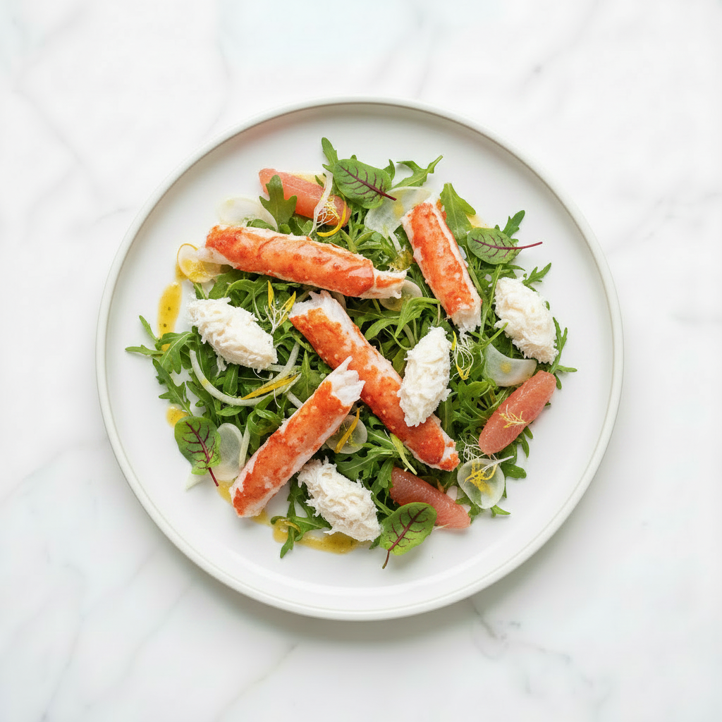 Carne de Caranguejo-das-Neves da Patagónia Salada com caranguejo, creme branco, toranja e folhas verdes num prato branco