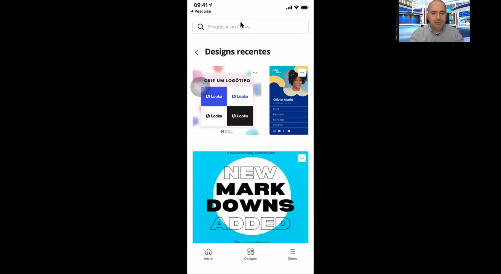 Master Redes Sociais 360 Captura de ecrã de aplicação com designs recentes e texto promocional em azul
