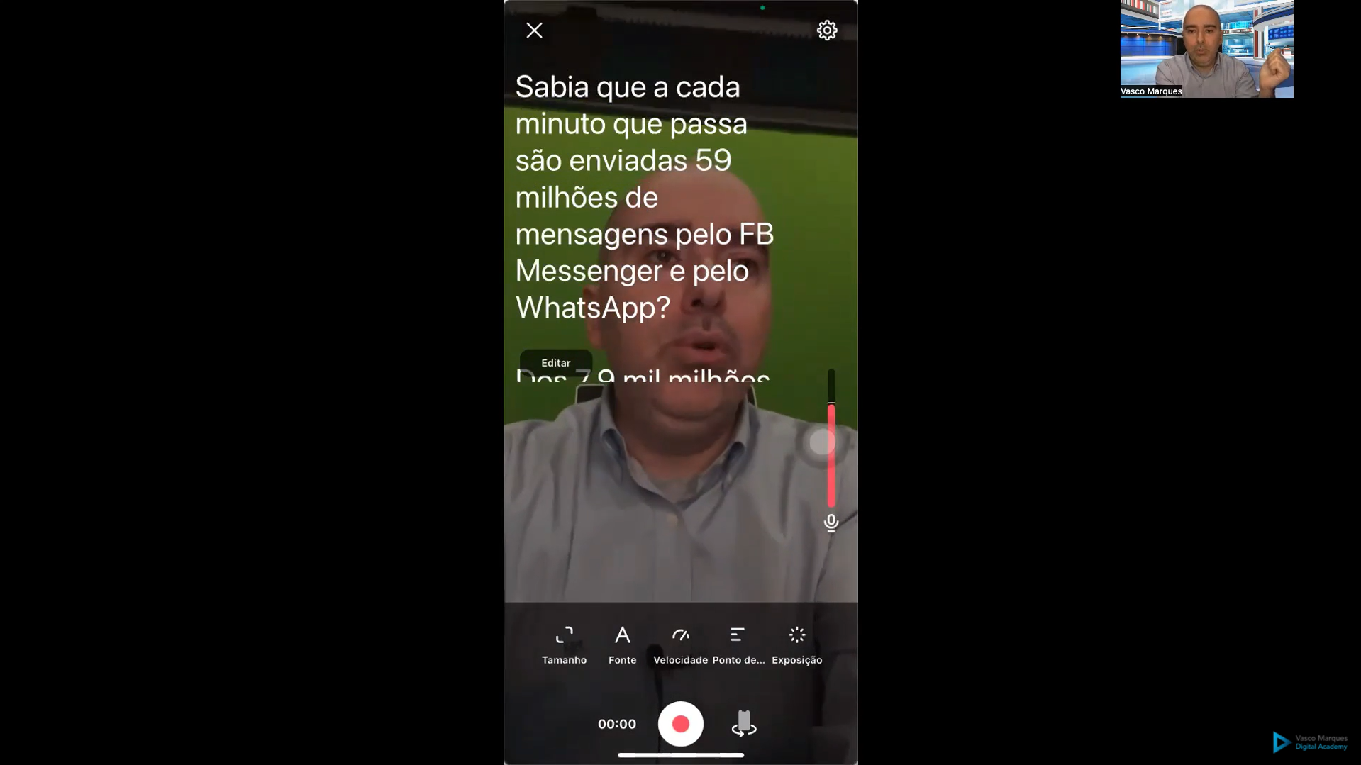 Master Redes Sociais 360 Ecrã de telemóvel com vídeo em português mostrando estatística de mensagens no Facebook Messenger e WhatsApp