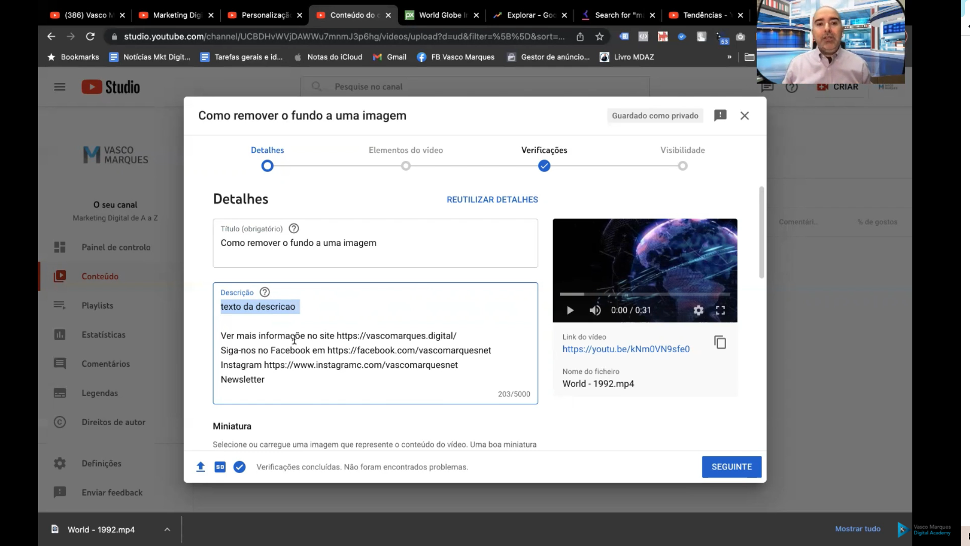 Master Redes Sociais 360 Interface do YouTube Studio no Google Chrome com vídeo em edição e janela de configuração aberta