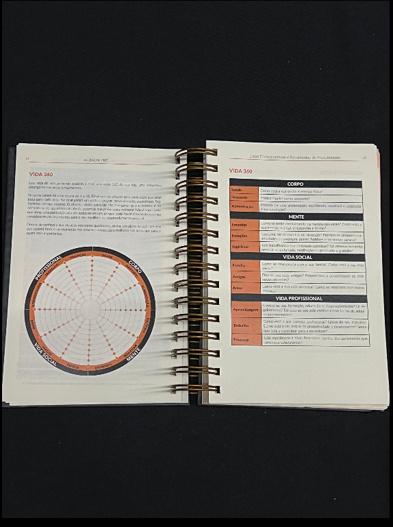Agenda Pro Argolas Livro aberto com gráfico circular e tabelas sobre VIDA 360
