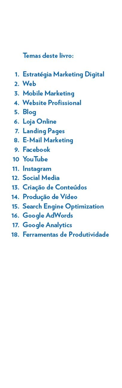 Lista de temas do livro sobre marketing digital em texto azul sobre fundo branco