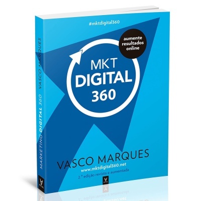 Capa de livro azul com título 'MKT DIGITAL 360' e autor Vasco Marques