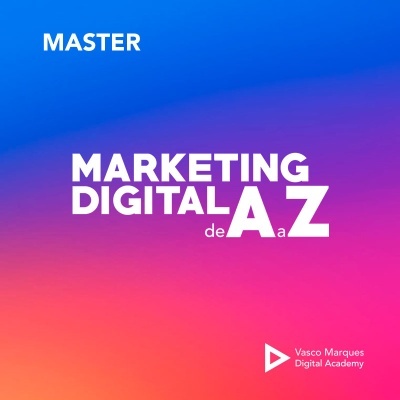 Imagem promocional com texto sobre marketing digital e logotipo da Vasco Marques Digital Academy