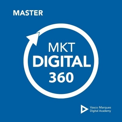 Logotipo e texto promocional sobre MKT DIGITAL 360 com fundo azul