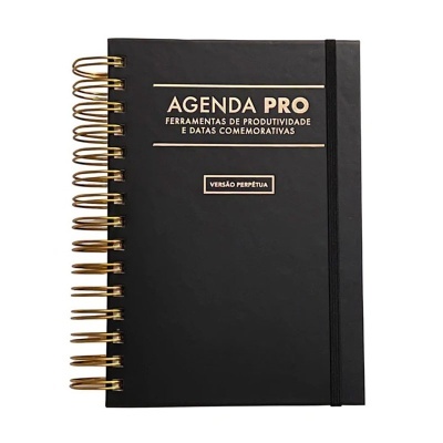 Capa de agenda preta com texto dourado e espiral dourado