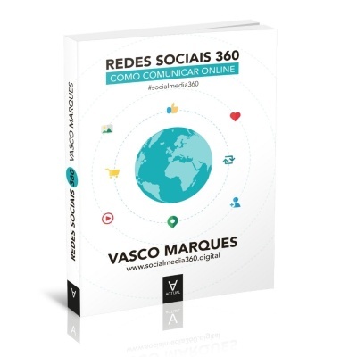 Capa do livro 'REDES SOCIAIS 360 COMO COMUNICAR ONLINE' com gráfico de globo e ícones de redes sociais