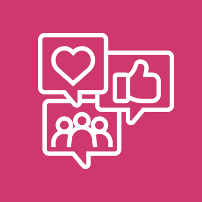 Ícones de coração, polegar para cima e silhuetas humanas dentro de balões de diálogo brancos em fundo rosa