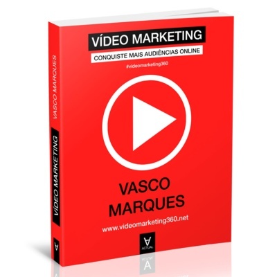 Livro vermelho com texto 'VÍDEO MARKETING' e símbolo de play branco