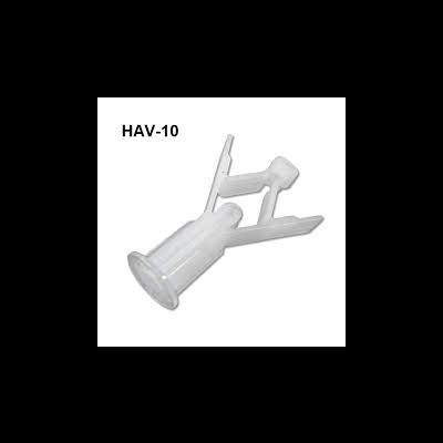 Suporte de plástico branco com base circular e texto HAV-10