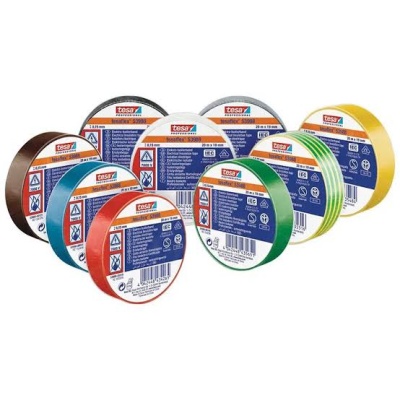 Rolos de fita isoladora Tesa de várias cores, cada um com rótulo azul e vermelho