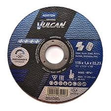 Disco de corte Norton VULCAN azul e preto com texto técnico