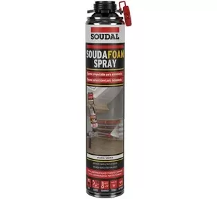 Frasco de spray de espuma isolante Soudal com rótulo colorido