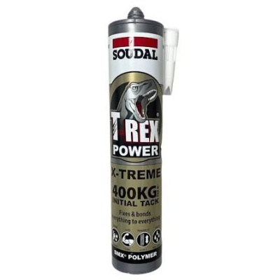 Cartucho adesivo Soudal T-Rex Power X-TREME 400KG com imagem de dinossauro