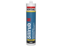 Cartucho de selante ou adesivo Silirub N da SOUDAL em embalagem azul e branca