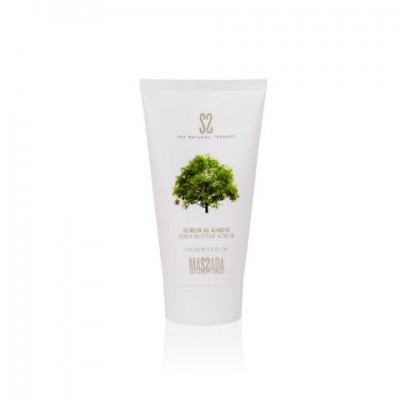 Tubo branco de esfoliante com imagem de árvore e texto MASZADA