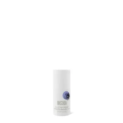 Frasco branco de produto cosmético MASADA com texto dourado e flor azul