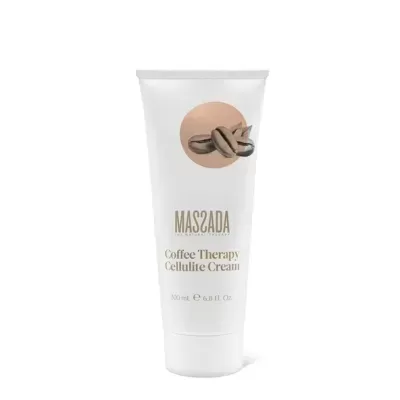 Bisnaga branca de creme anticelulite com grãos de café e texto dourado