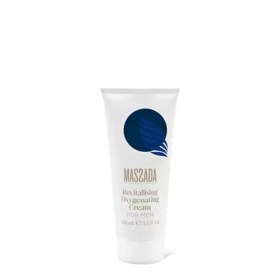 Creme revitalizante e oxigenante MAS2ADA para homens, embalagem branca com texto e logo azul