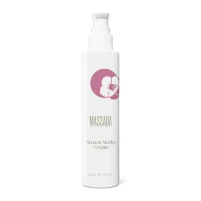 Frasco branco de creme anti-estrias MASSADA com doseador e logótipo de flor