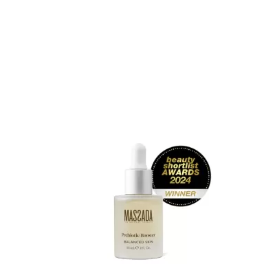Frasco de sérum Massada Prebiotic Booster com selo de prémio 2024
