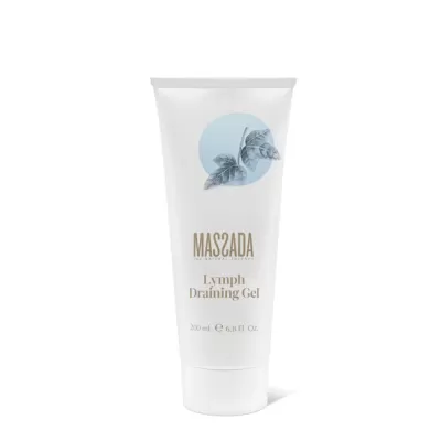 Frasco branco de gel drenante linfático MASSADA com ilustração de folhas