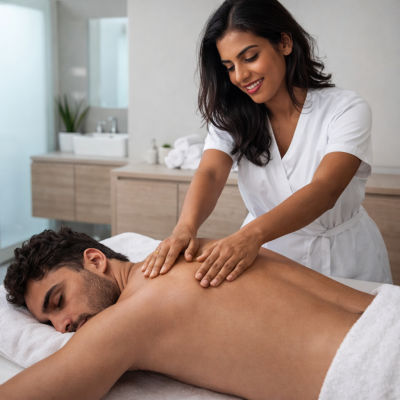 Terapeuta a fazer massagem a homem deitado numa mesa de massagem num ambiente de spa