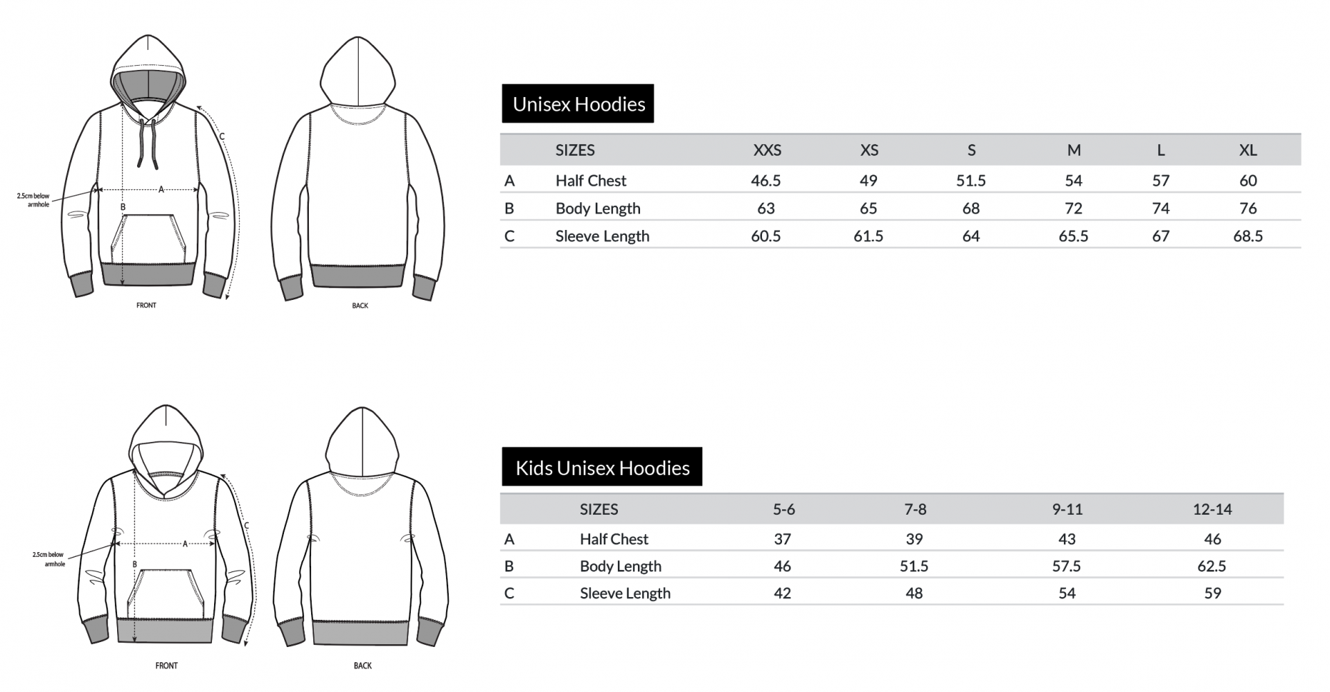 Hoodies Sizes Sheet