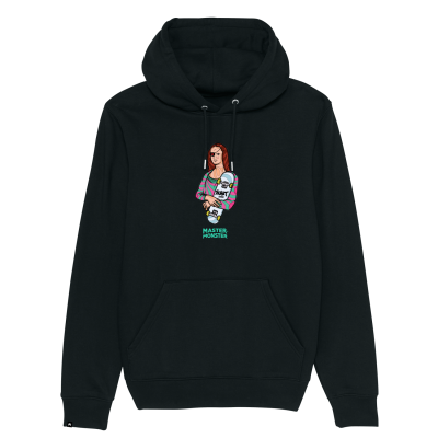 Camisola com capuz preta com ilustração colorida e texto