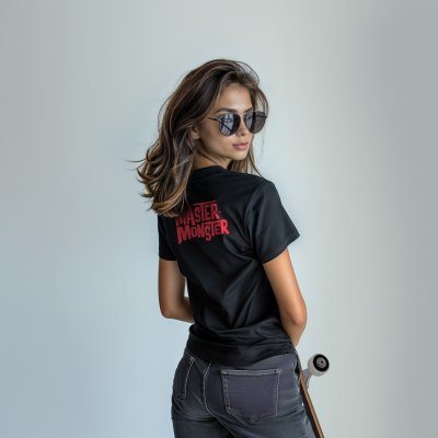 Mulher com t-shirt preta e texto vermelho a segurar skate em fundo cinza