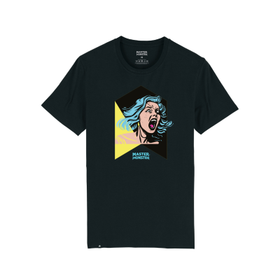 T-shirt preta com estampa de rosto de mulher a gritar e texto MASTER MONSTER