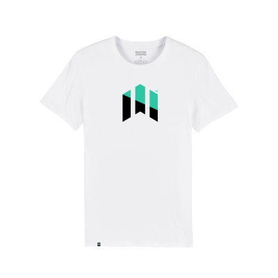 T-shirt branca com design geométrico preto e verde no centro