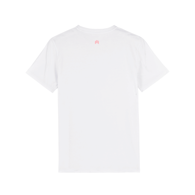 T-shirt branca de manga curta vista de costas com logótipo cor-de-rosa