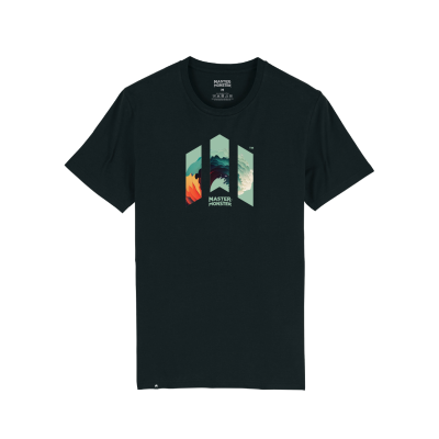 T-shirt preta com estampado gráfico de montanhas, fogo e neve e texto MASTER MONSTER