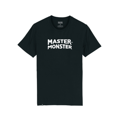 T-shirt preta de manga curta com texto branco MASTER MONSTER