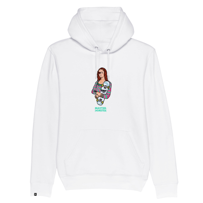 Sweatshirt branca com capuz e print colorido de mulher com skateboard e texto MASTER MONSTER