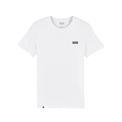 Camiseta branca MASTER MONSTER com texto preto no peito