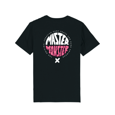 T-shirt preta com estampado frontal em branco e rosa com texto