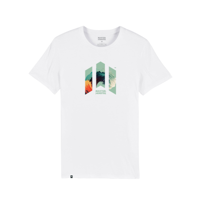 T-shirt branca com estampado colorido e texto Master Monster