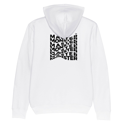 Sweatshirt branca com texto preto 'MASTER MONSTER' nas costas