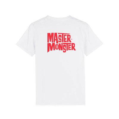 T-shirt branca com texto vermelho MASTER MONSTER nas costas