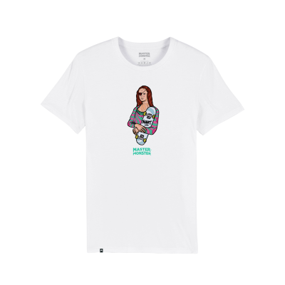 T-shirt branca com estampa colorida de personagem e texto MASTER MONSTER
