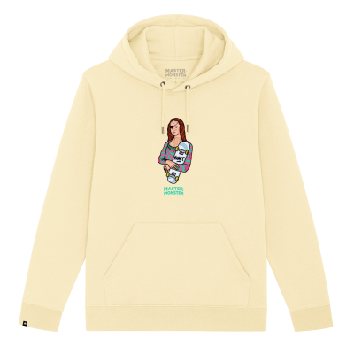 Sweatshirt creme com capuz e estampa colorida de mulher com skate