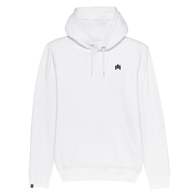 Camisola branca com capuz e bolso frontal, com logótipo preto no peito