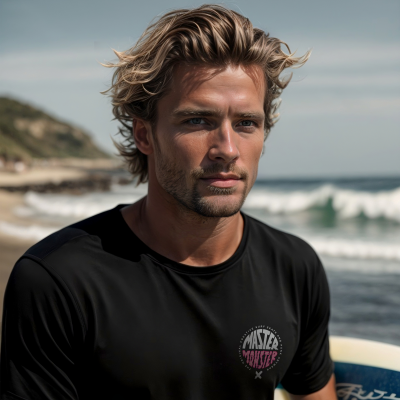Homem com camiseta preta com logo 'MASTER' em praia com ondas ao fundo