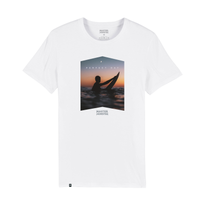 T-shirt branca com estampado de surfista ao pôr do sol e texto 'PERFECT DAY' e 'MASTER MONSTER'.