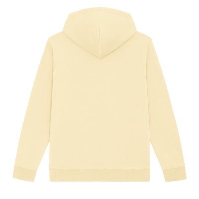 Casaco com capuz amarelo claro visto por trás
