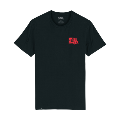 T-shirt preta com texto vermelho MASTER MONGER no peito.