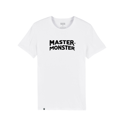 T-shirt branca com texto preto MASTERMONSTER