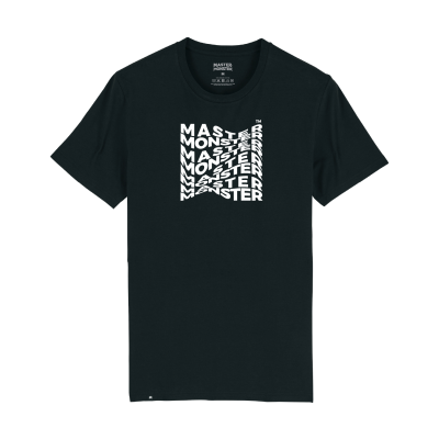 T-shirt preta com estampado branco 'MASTER MONSTER' em cubo central